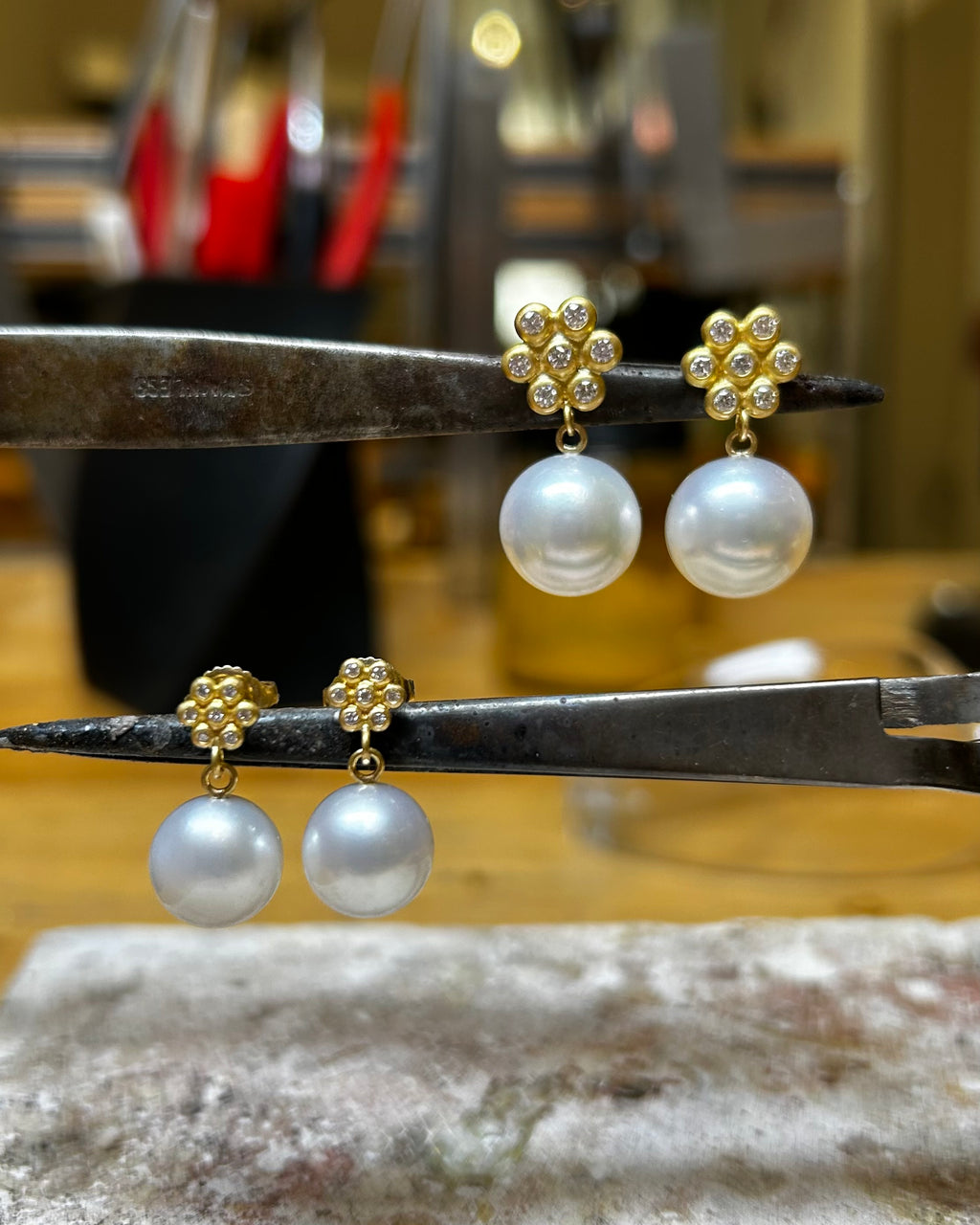 Snowdrop Mini Diamond South Sea Pearl Earring in 20K Peach Gold Reinstein Ross Goldsmiths