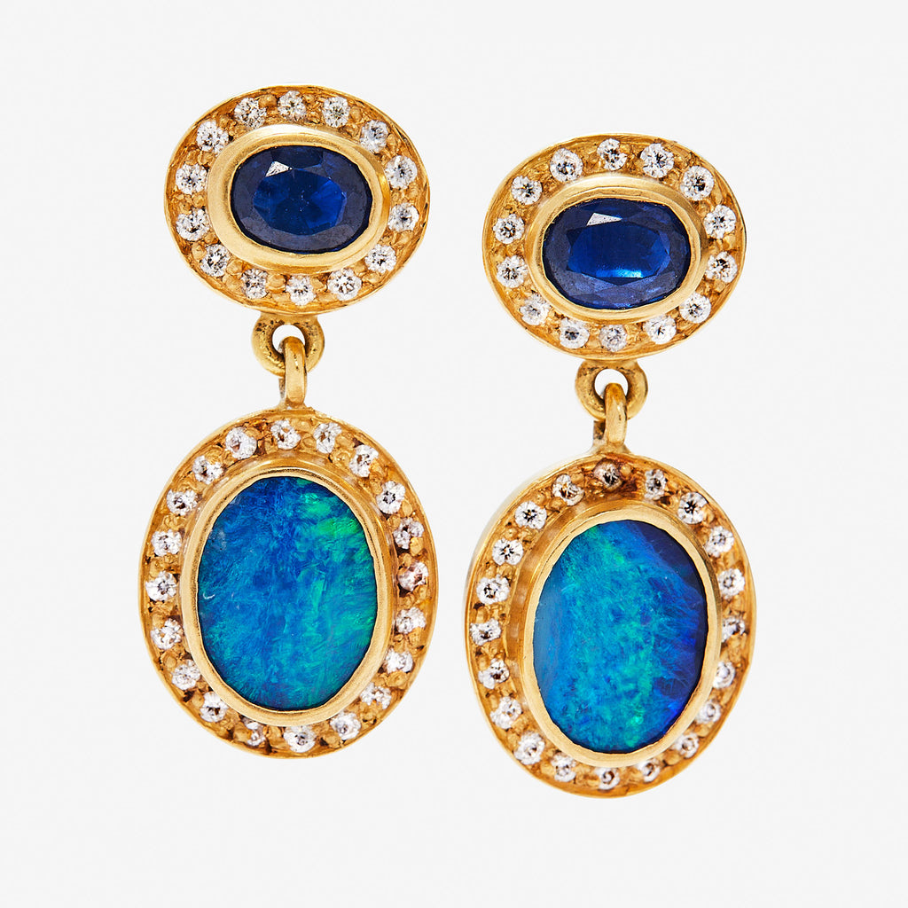 Shimmer Sahara "Empress" Opal and Blue Sapphire with Diamond Pave Earrings in 20K Peach Gold Reinstein Ross Goldsmiths