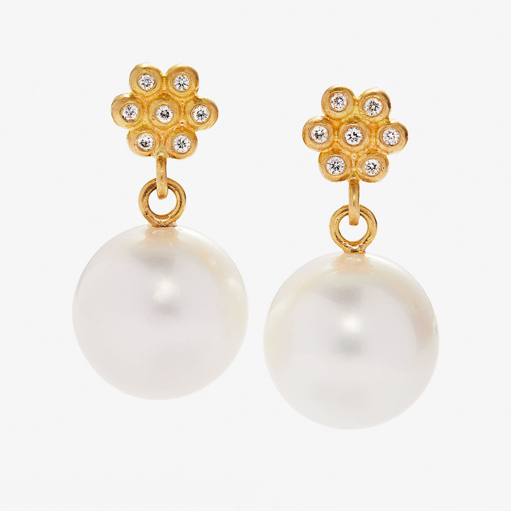 Snowdrop Mini Diamond South Sea Pearl Earring in 20K Peach Gold Reinstein Ross Goldsmiths
