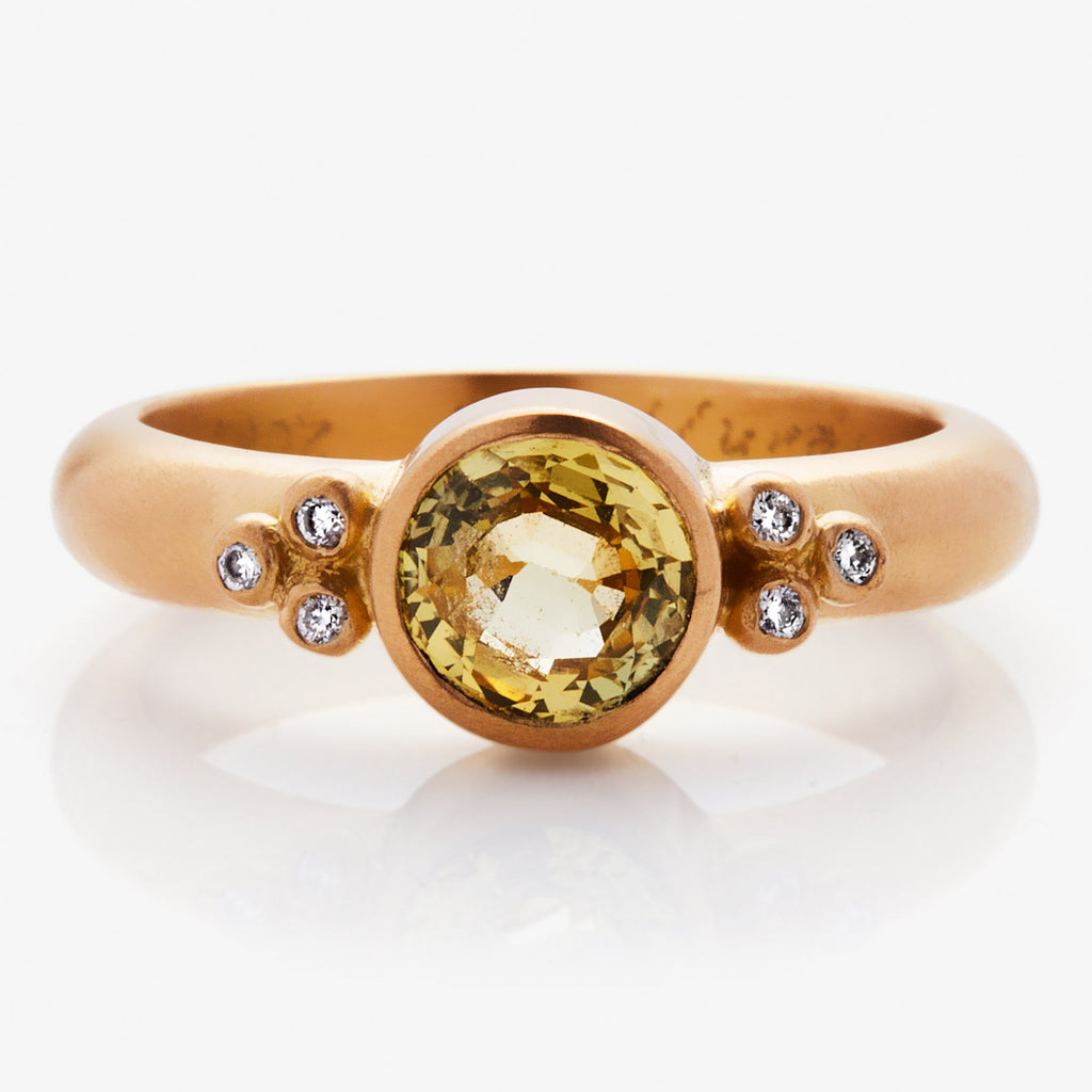Tania Round Chartreuse Sapphire and Diamond Ring in 20K Peach Gold Reinstein Ross Goldsmiths