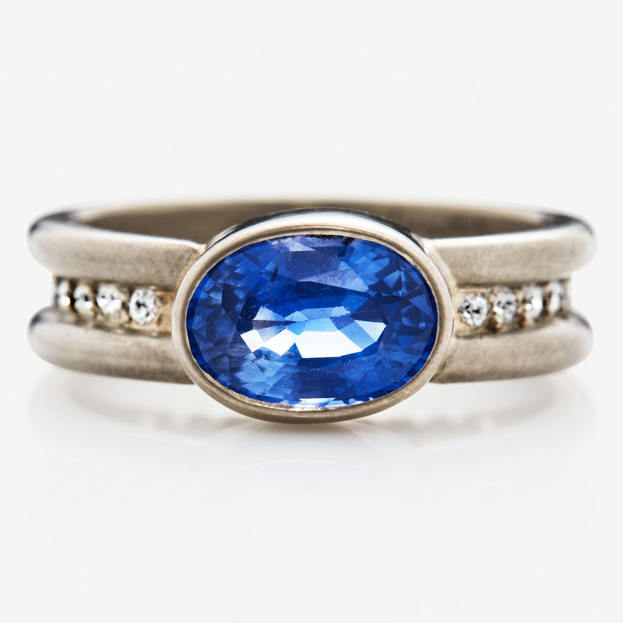 Shimmer Oval Blue Sapphire Ring in 18K Alpine Gold Reinstein Ross Goldsmiths