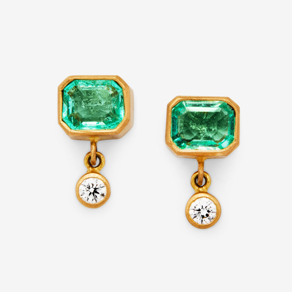 Meadow Mixed Emerald E/W and Diamond Earrings in 20K Peach Gold Reinstein Ross Goldsmiths