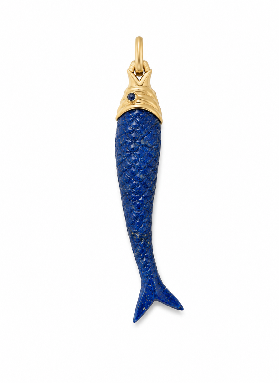 Pisces Lapis Large Pendant with Sapphire in 18K Yellow Gold