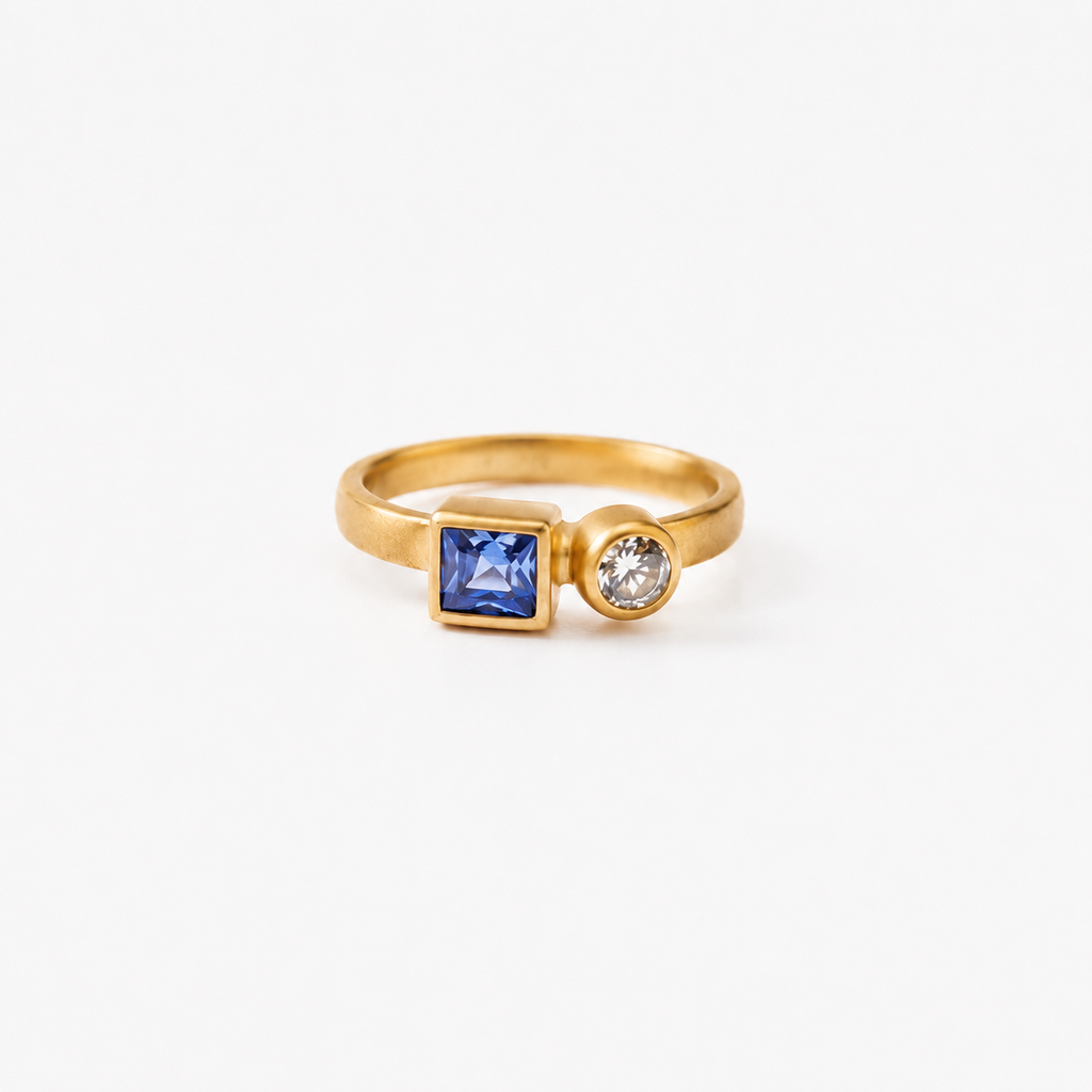 Sonoma "Toi et Moi" Blue Sapphire and Diamond Pinky Ring in 20K Peach Gold