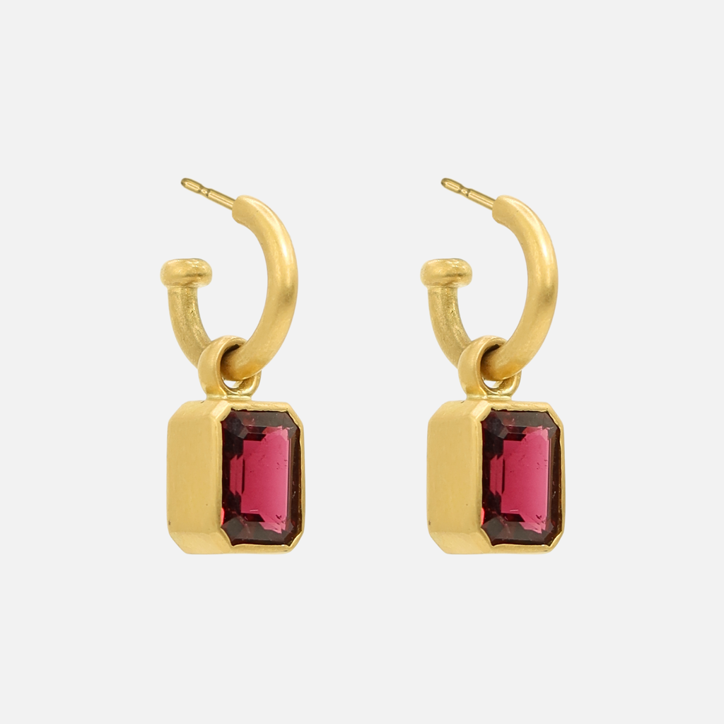 Grand Emerald Cut Dark Pink Tourmaline Drops in 20K Peach Gold Reinstein Ross Goldsmiths