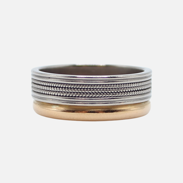 Hitched Regular Braid Three Row and Half Moon Band in 18K Alpine and 22K Apricot Gold- 8mm