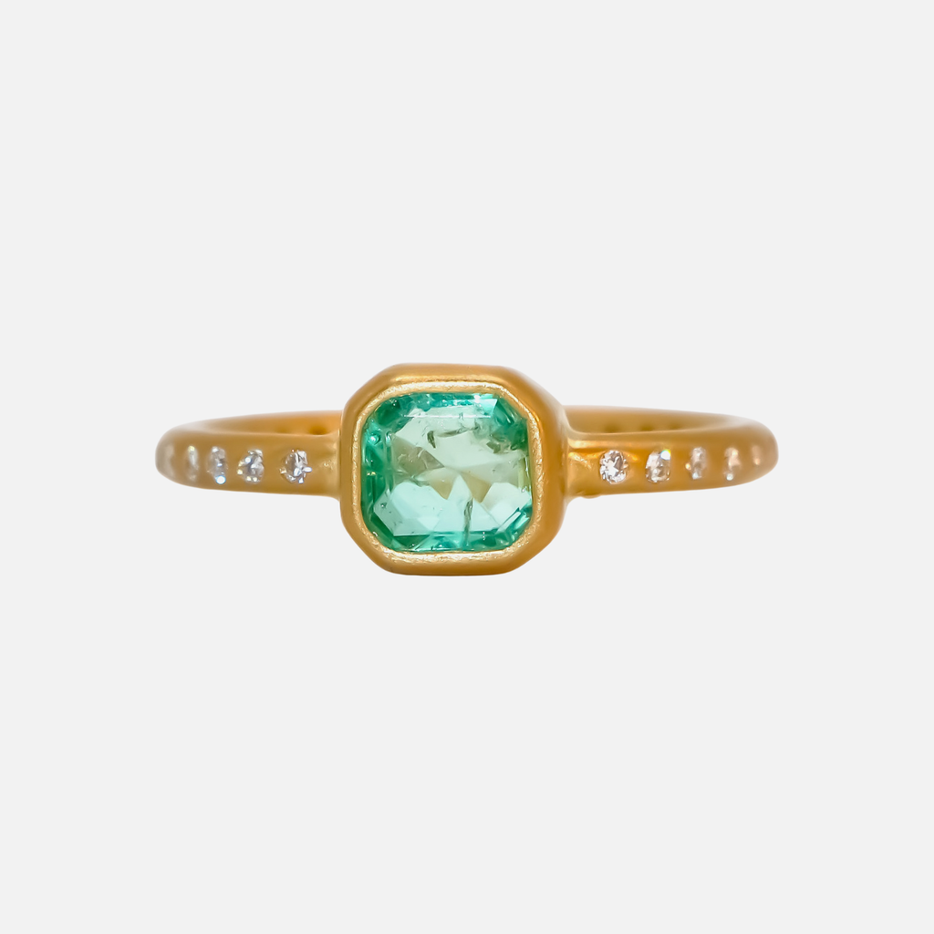 Hoopstock Faceted Square Emerald with Pave Diamonds Ring in 20K Peach Gold