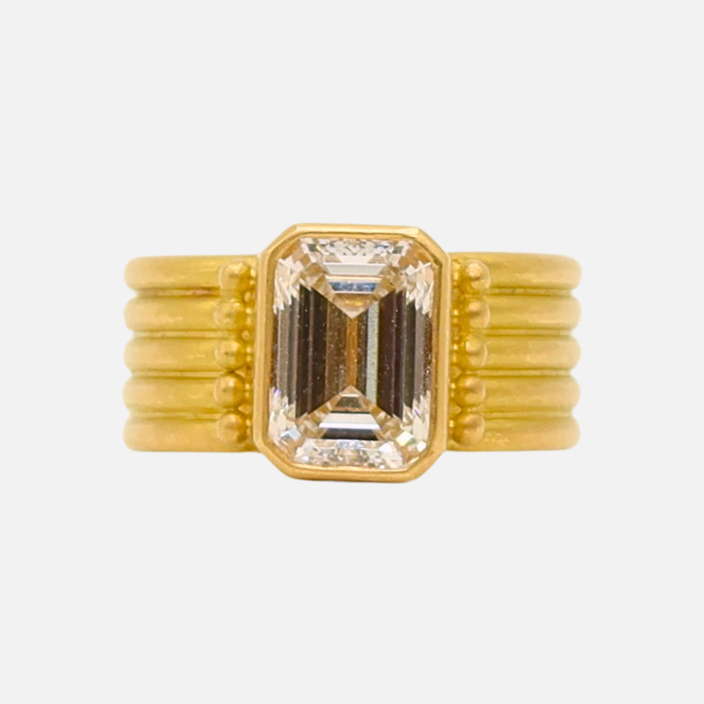 Penta Five Row Emerald Cut Lab Diamond Ring in 20K Peach Gold Reinstein Ross Goldsmiths