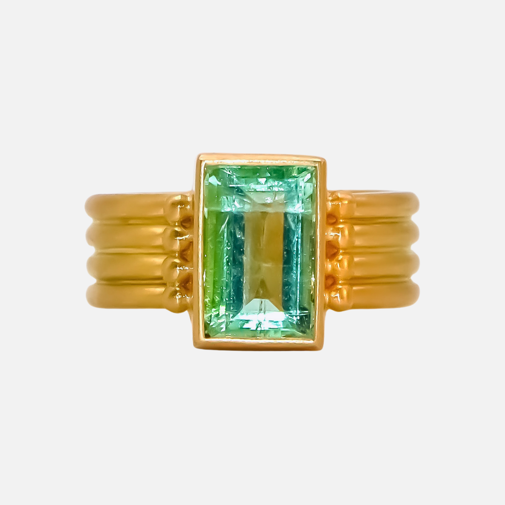 Penta Four Row Rectangular Emerald Ring in 20K Peach Gold Reinstein Ross Goldsmiths