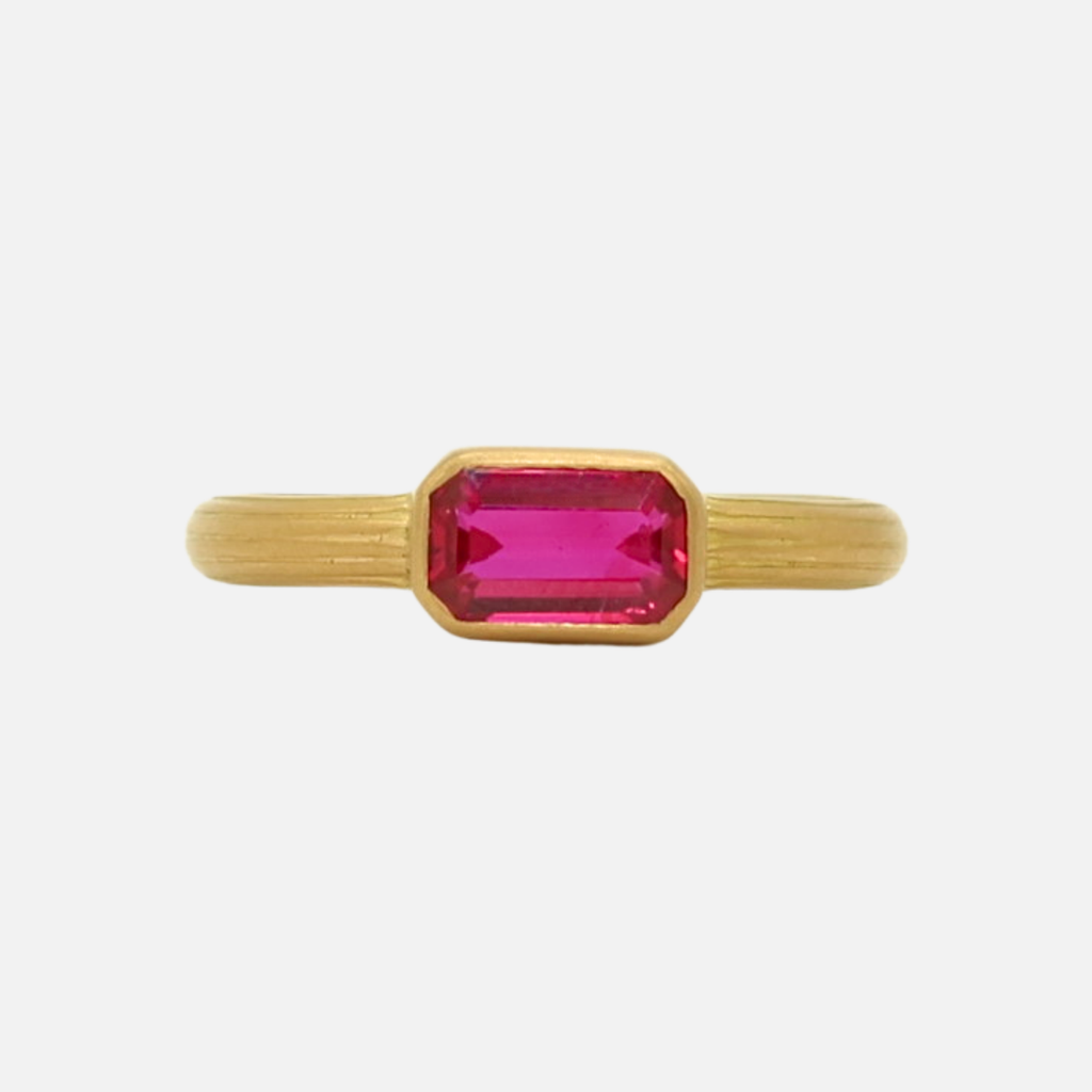 Pleated Emerald Cut Ruby Ring in 20K Peach Gold