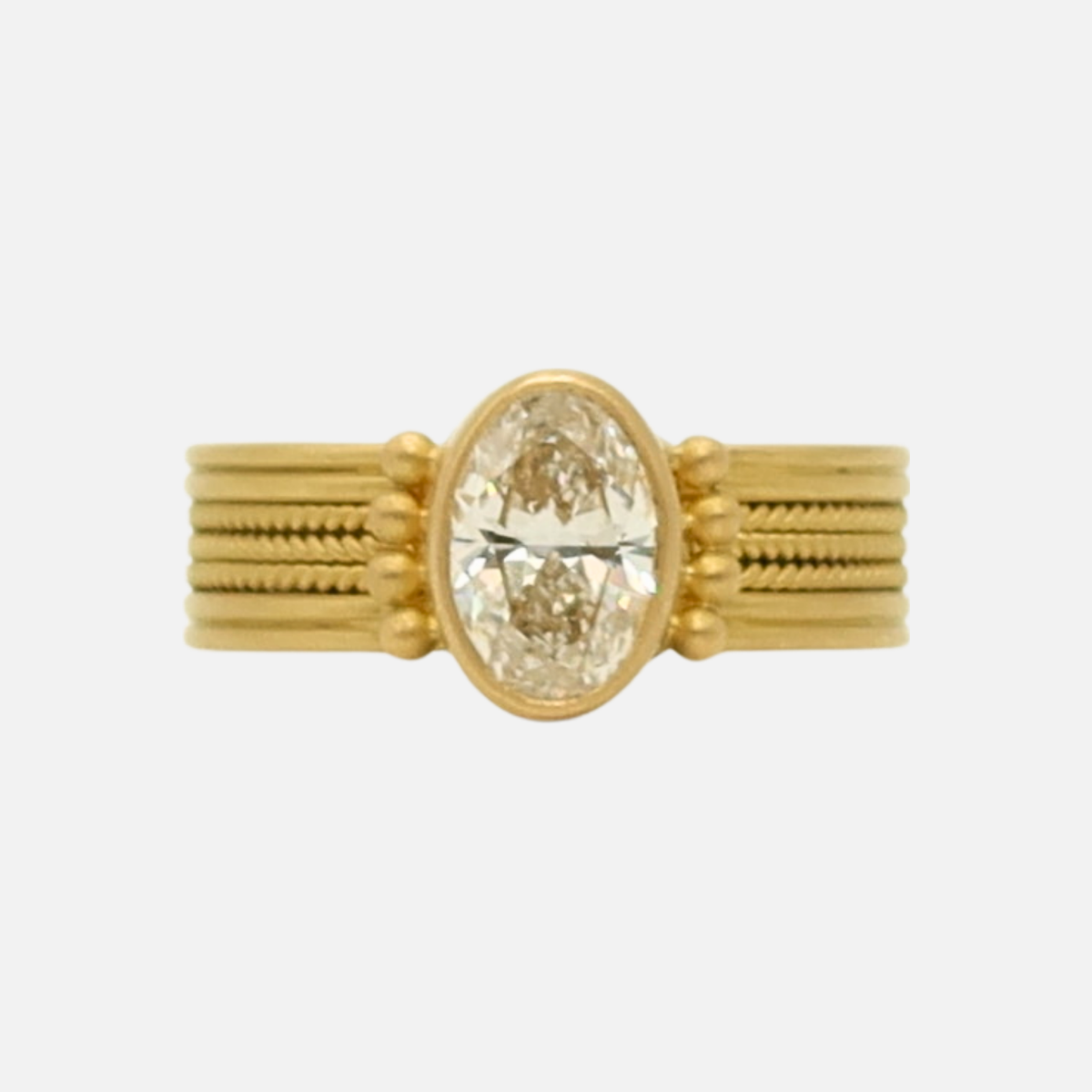 Regular Braid Three Row with Granules Oval Diamond Ring in 20K Peach G ...