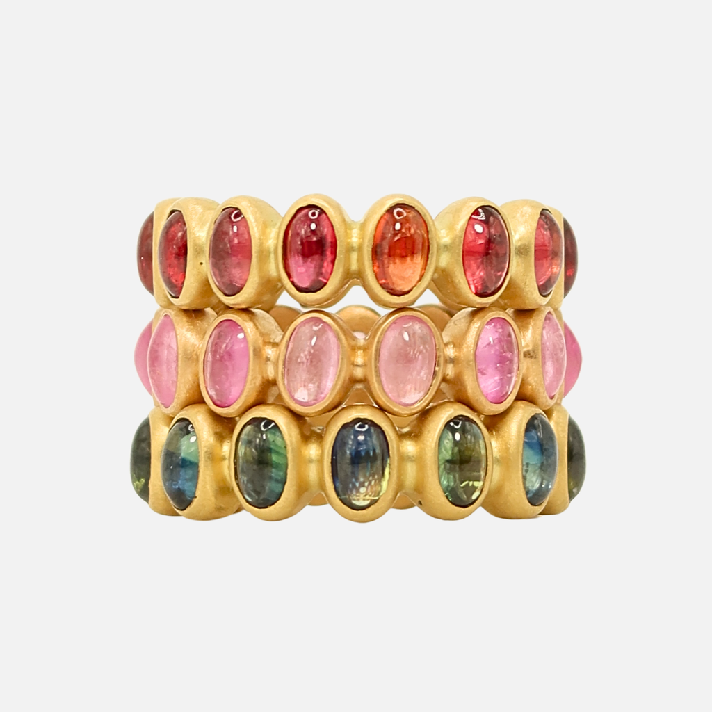 Baby Renaissance Cabochon Oval Blue and Green Sapphire Band in 20K Peach Gold