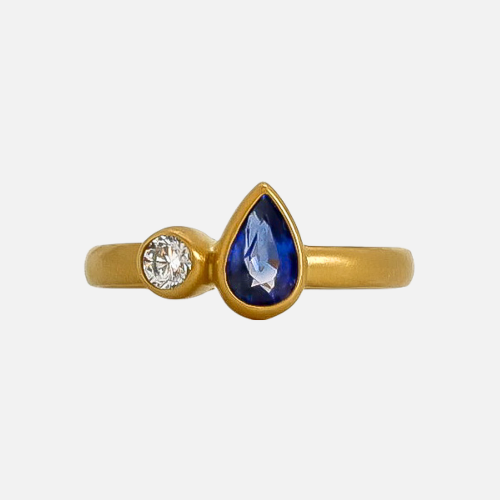 Sonoma Mini Toi Moi Pear Blue Sapphire and Diamond Ring in 20K Peach Gold Reinstein Ross Goldsmiths