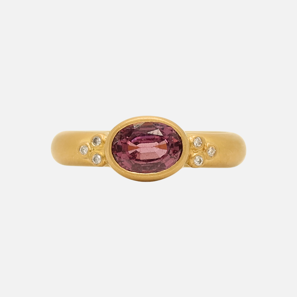 Tania Oval Dark Pink Sapphire and Diamond Ring in 20K Peach Gold Reinstein Ross Goldsmiths
