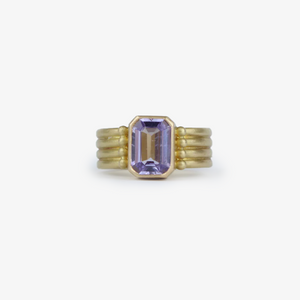 Half Round "Penta" Four Row Emerald Cut Lilac Sapphire Ring in 20K Peach Gold Reinstein Ross Goldsmiths