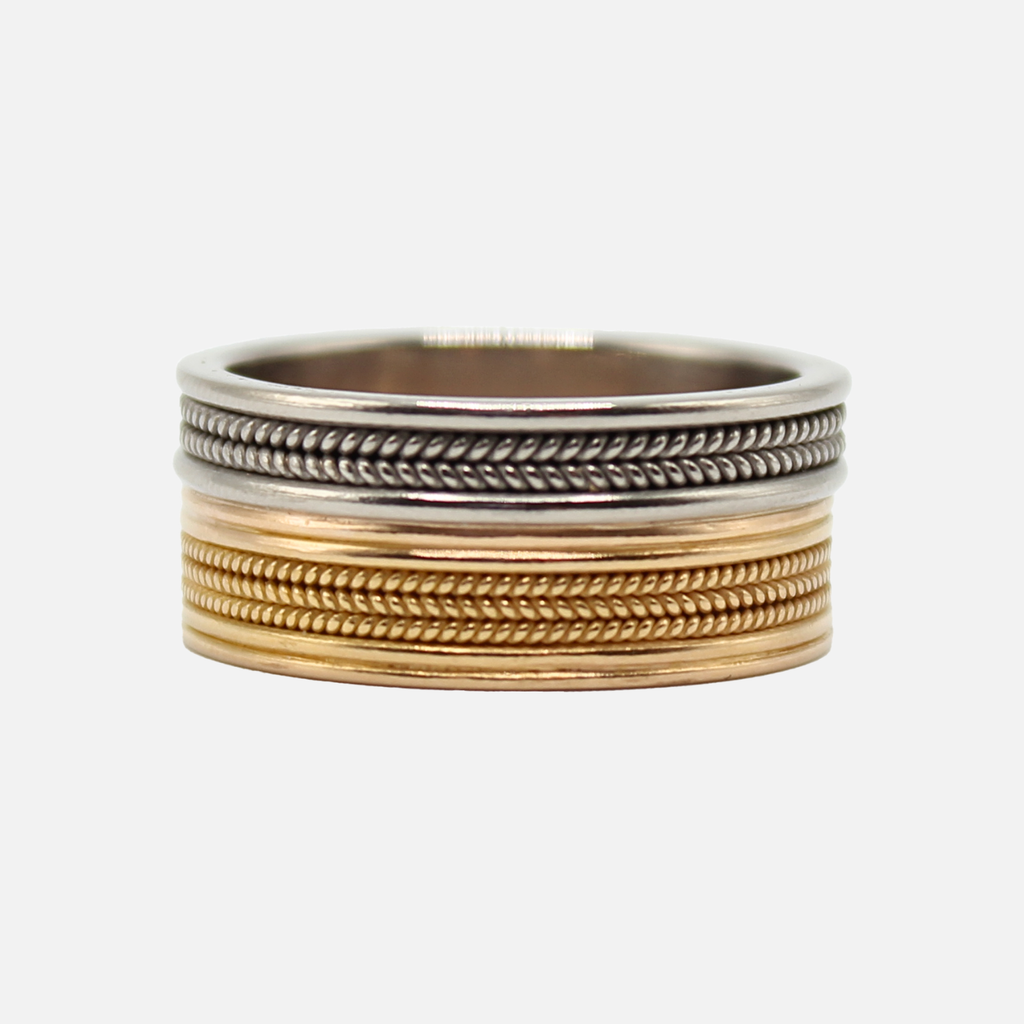Hitched Duet "Narrow and Regular Three Row Braid" Band in 22K Apricot Gold and 18K Alpine Gold Reinstein Ross Goldsmiths