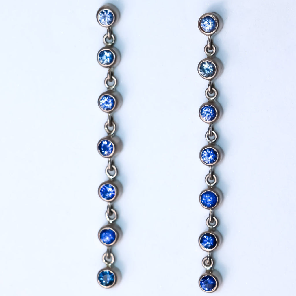 Meadow Long Rivière Multi Blue Sapphire Earrings in 18K Alpine Gold Reinstein Ross Goldsmiths