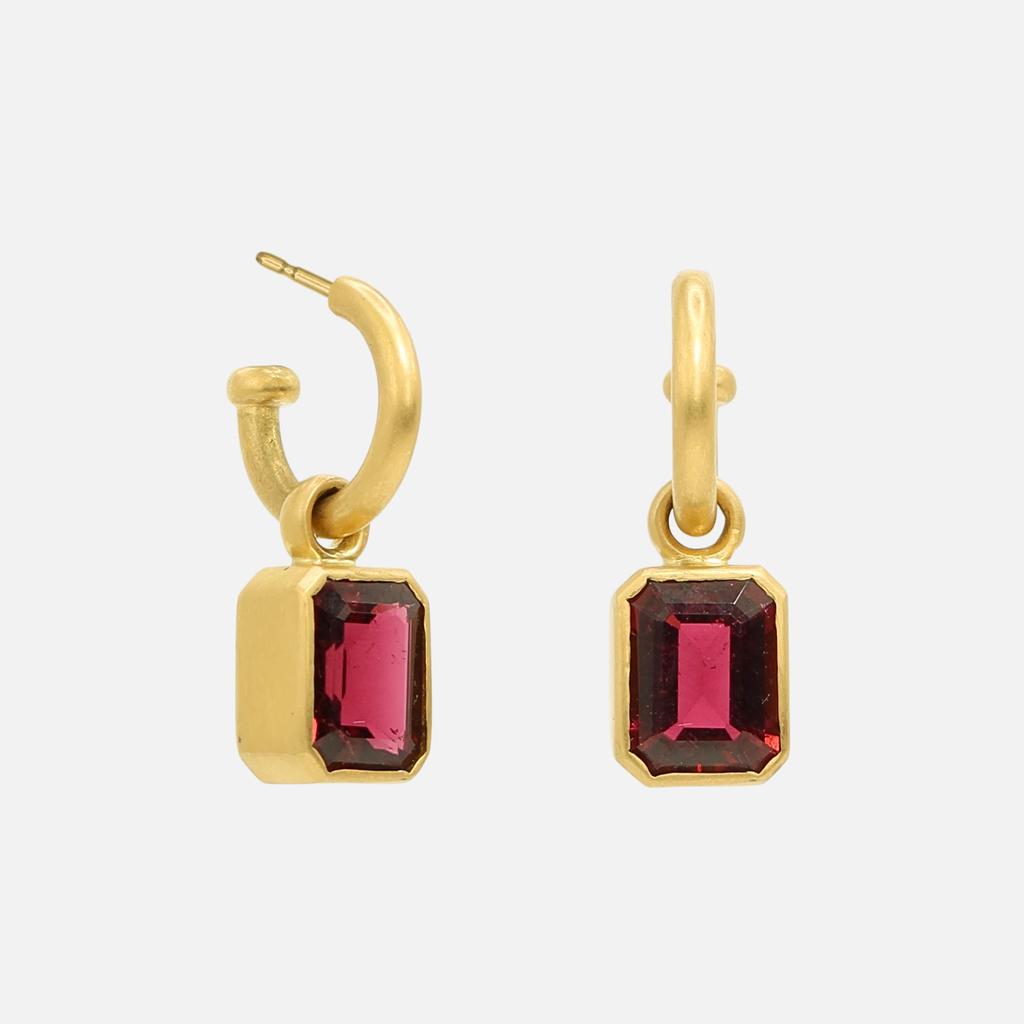 Grand Emerald Cut Dark Pink Tourmaline Drops in 20K Peach Gold Reinstein Ross Goldsmiths