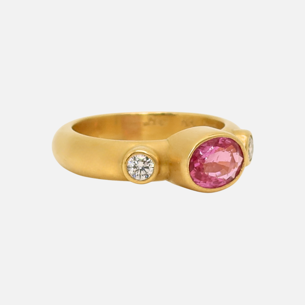 Half Round "Nina" Oval Pink Sapphire Diamond Ring in 20K Peach Gold Reinstein Ross Goldsmiths
