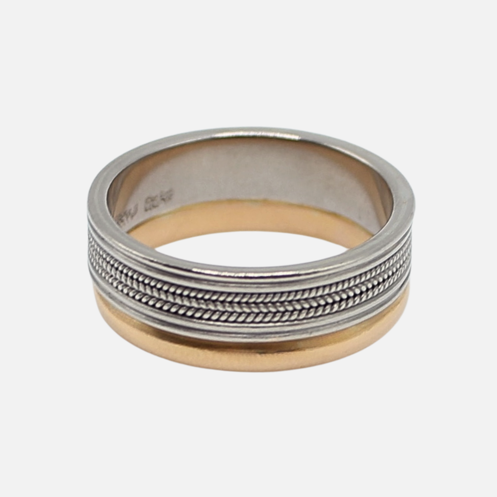 Hitched Regular Braid Three Row and Half Moon Band in 18K Alpine and 22K Apricot Gold- 8mm Reinstein Ross Goldsmiths