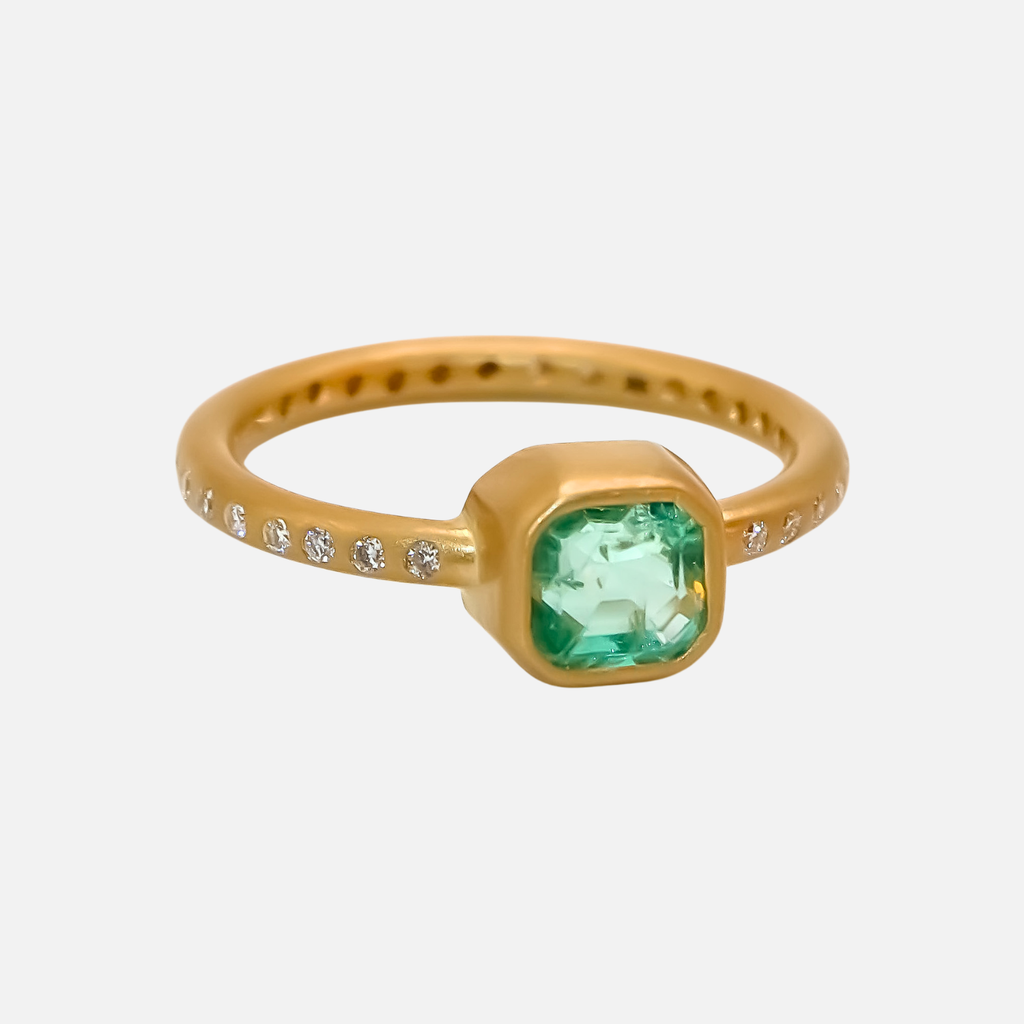 Hoopstock Faceted Square Emerald with Pave Diamonds Ring in 20K Peach Gold Reinstein Ross Goldsmiths