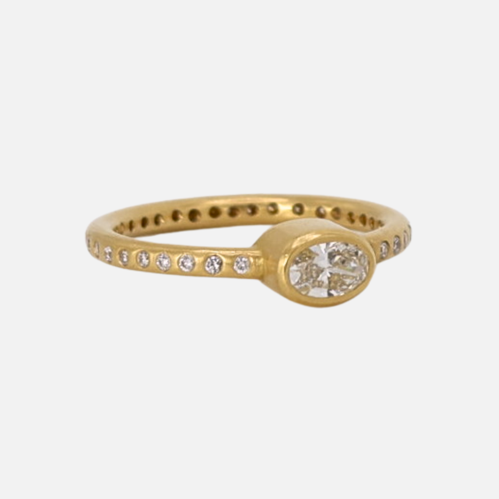 Hoopstock Oval Diamond Ring with Pave Diamonds Ring in 20K Peach Gold