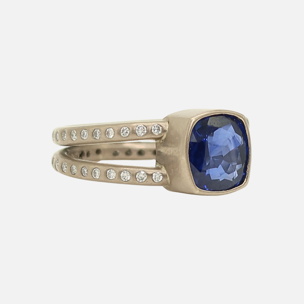 Lightdance Cushion Cut Blue Sapphire and Diamond Ring in 18K Alpine Gold Reinstein Ross Goldsmiths