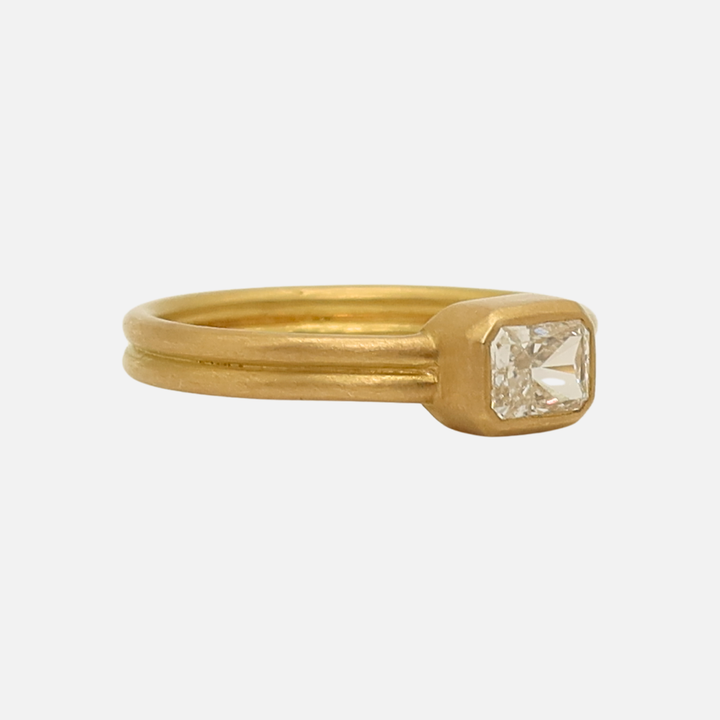 Dyan Rectangular Radiant-Cut Diamond Ring in 20K Peach Gold Reinstein Ross Goldsmiths