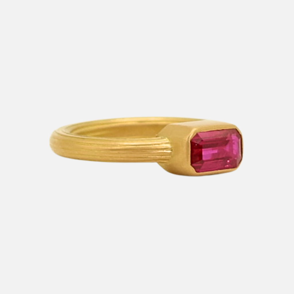Pleated Emerald Cut Ruby Ring in 20K Peach Gold Reinstein Ross Goldsmiths