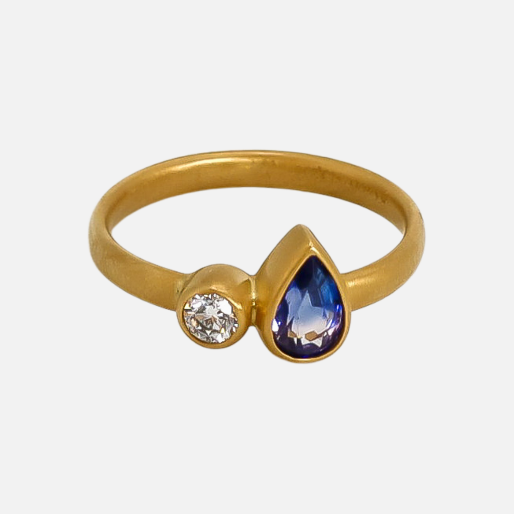 Sonoma Mini Toi Moi Pear Blue Sapphire and Diamond Ring in 20K Peach Gold Reinstein Ross Goldsmiths