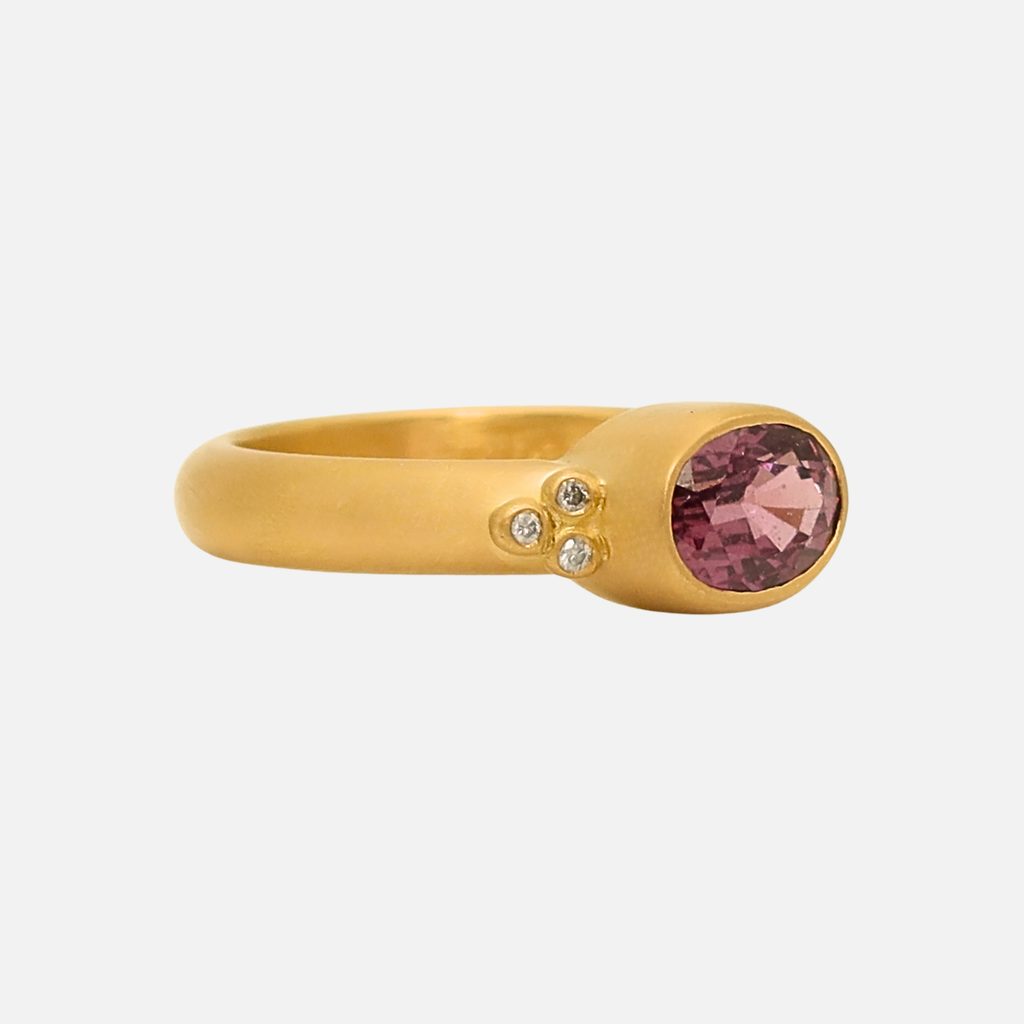 Tania Oval Dark Pink Sapphire and Diamond Ring in 20K Peach Gold Reinstein Ross Goldsmiths