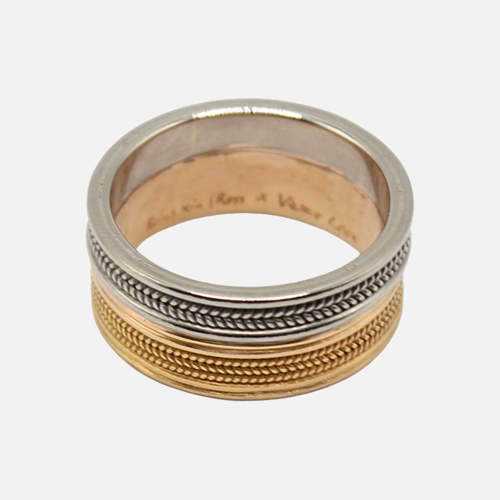 Hitched Duet "Narrow and Regular Three Row Braid" Band in 22K Apricot Gold and 18K Alpine Gold Reinstein Ross Goldsmiths