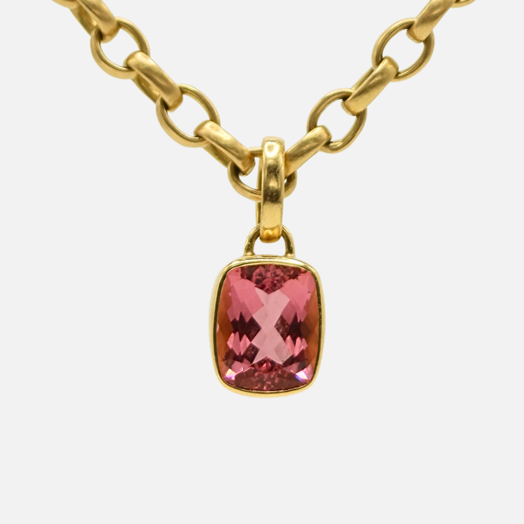 Sonoma Large Cushion Cut Pink Tourmaline Pendant in 20K Peach Gold Reinstein Ross Goldsmiths