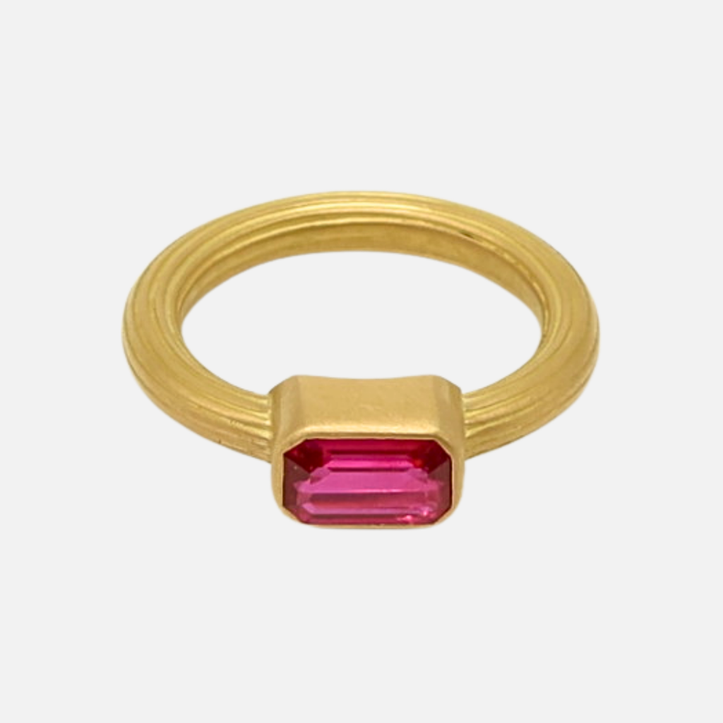 Pleated Emerald Cut Ruby Ring in 20K Peach Gold