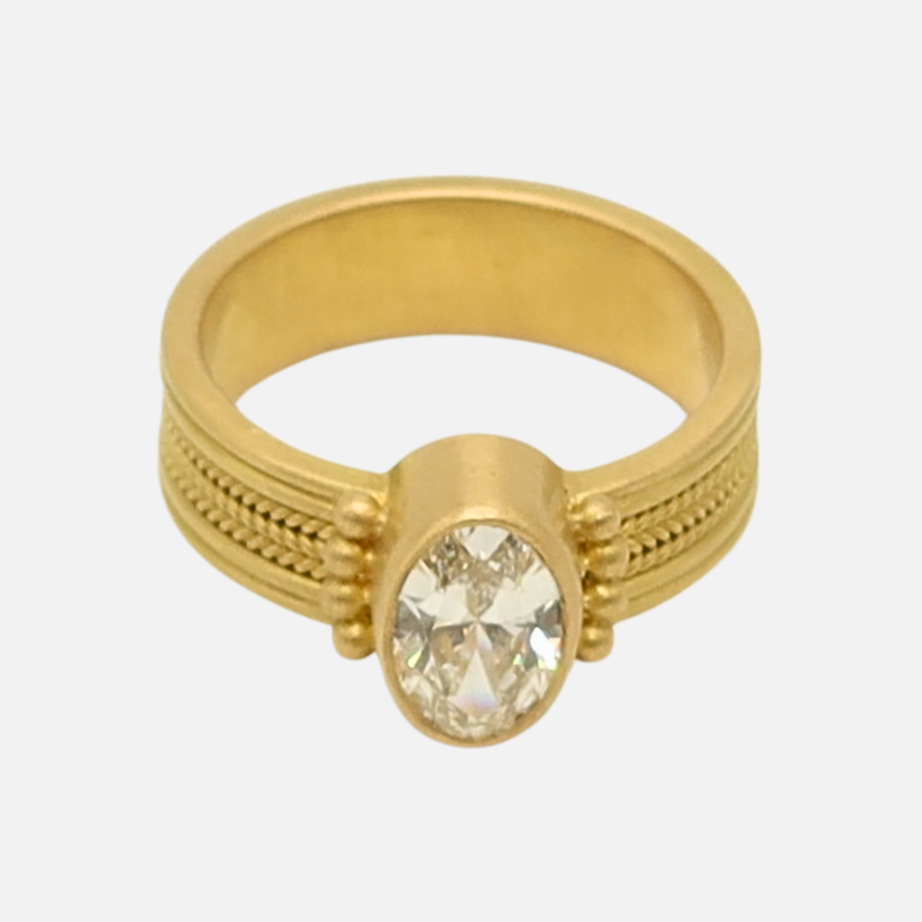 Regular Braid Three Row with Granules Oval Diamond Ring in 20K Peach Gold