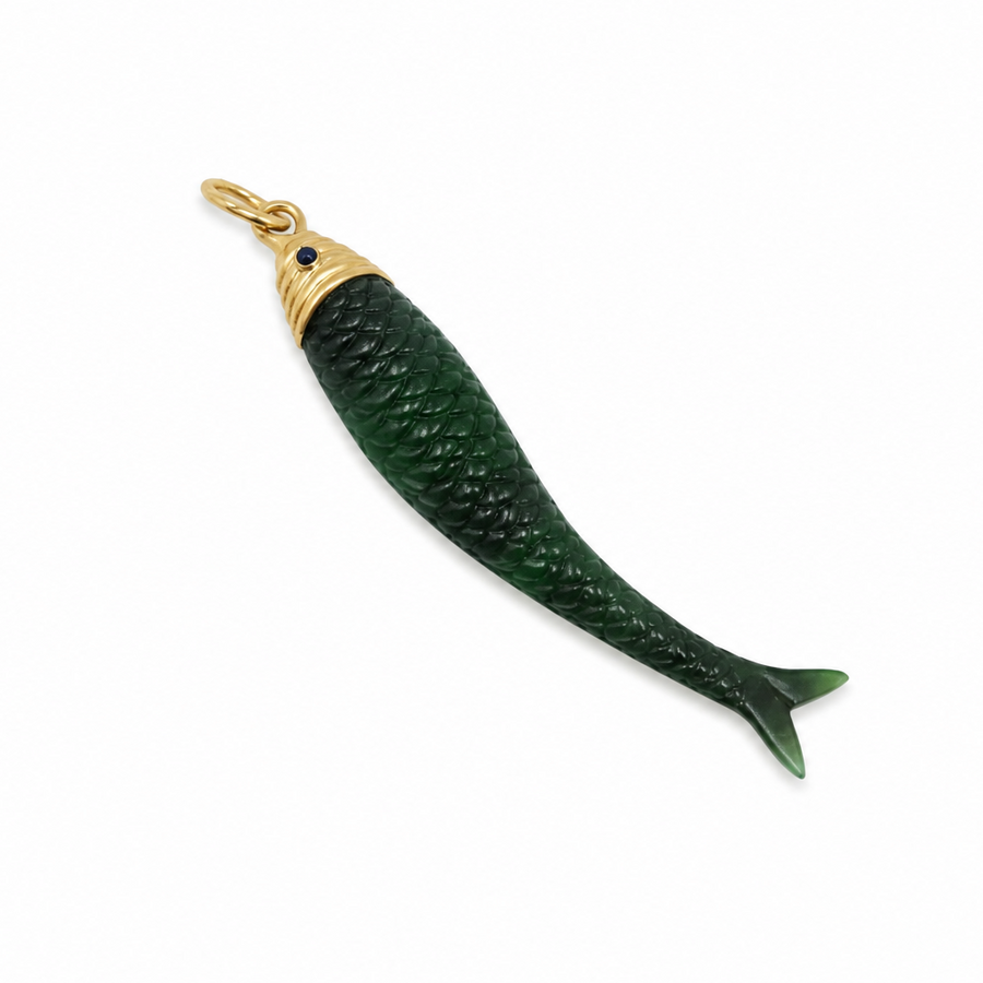 Pisces Jade Large Pendant with Sapphire in 18K Yellow Gold