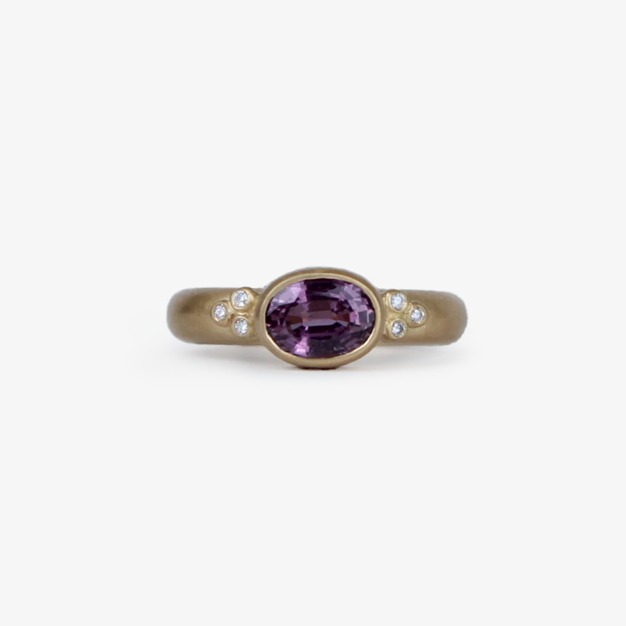 Tania Oval Dark Pink Sapphire and Diamond Ring in 20K Peach Gold Reinstein Ross Goldsmiths