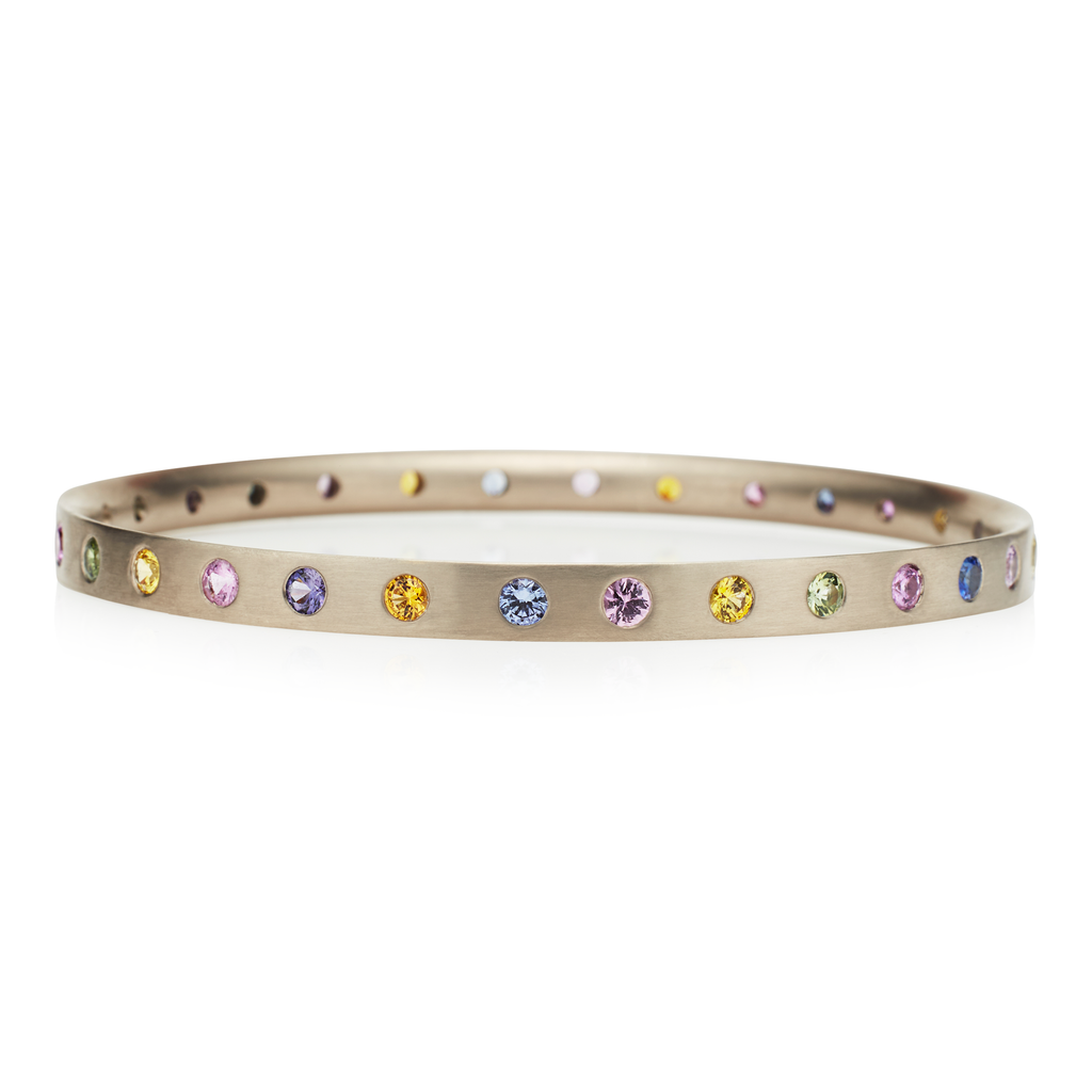 Half Moon "Mosaic" Multi Sapphire Bangle in 18K Alpine Gold