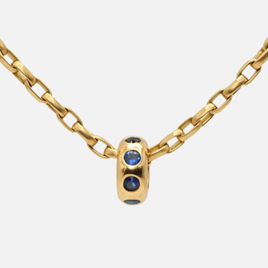 Half Round Large Rondelle Blue Sapphire Pendant in 20K Peach Gold Reinstein Ross Goldsmiths