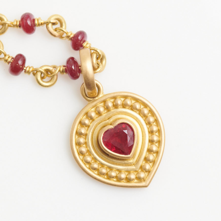 Salome Classic "Rosetta" Heart Ruby Pendant in 20K Peach Gold Reinstein Ross Goldsmiths