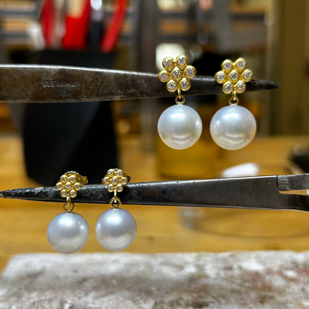 Snowdrop Large Diamond South Sea Baroque Pearl Earrings in 20K Peach Gold Reinstein Ross Goldsmiths