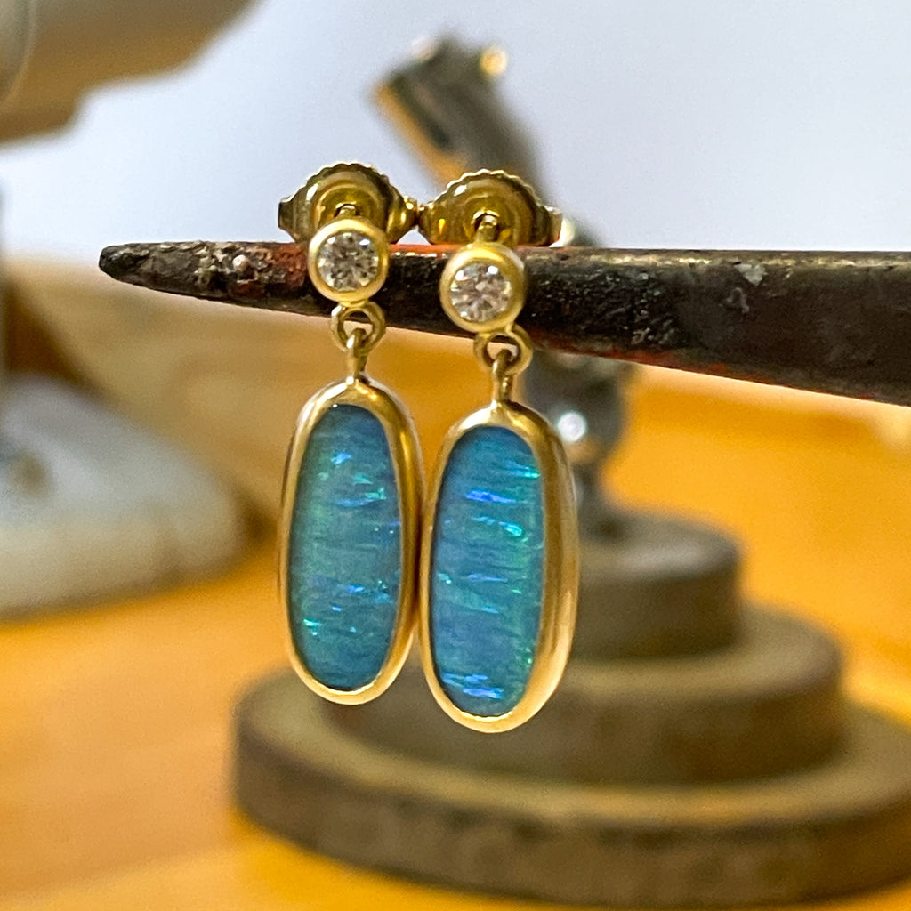 Meadow Small Oval Opal And Diamond Earrings in 20K Peach Gold Reinstein Ross Goldsmiths