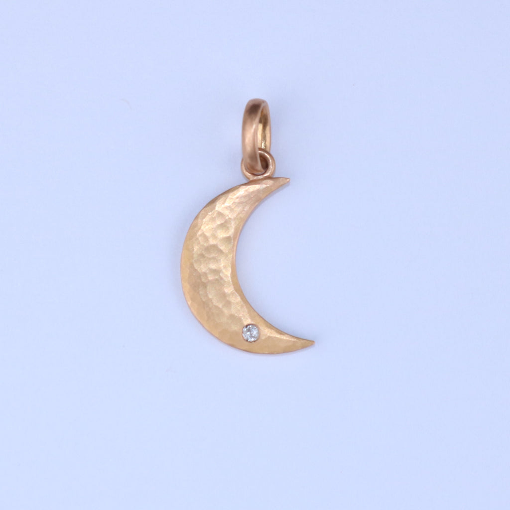 Sonoma Hammered Crescent Moon White Sapphire Pendant in 22K Apricot Gold Reinstein Ross Goldsmiths
