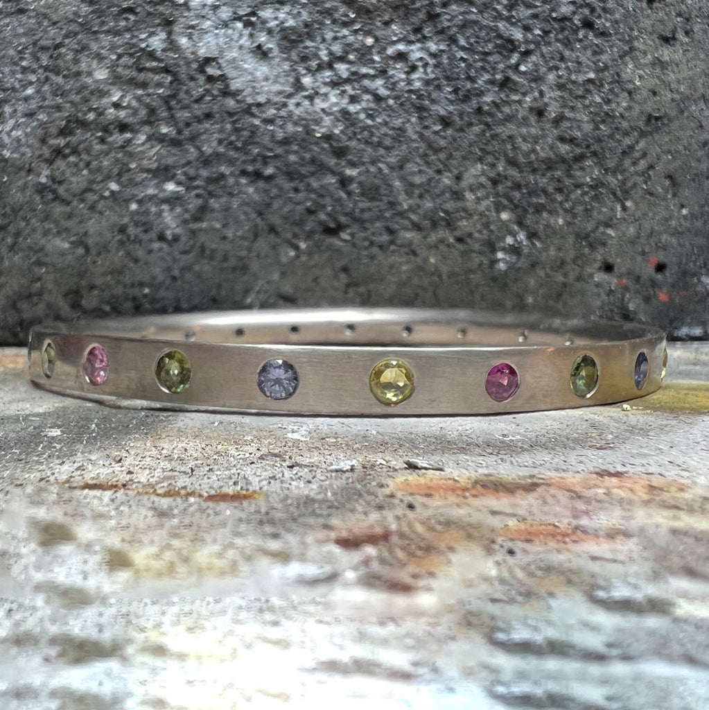 Half Moon "Mosaic" Multi Sapphire Bangle in 18K Alpine Gold