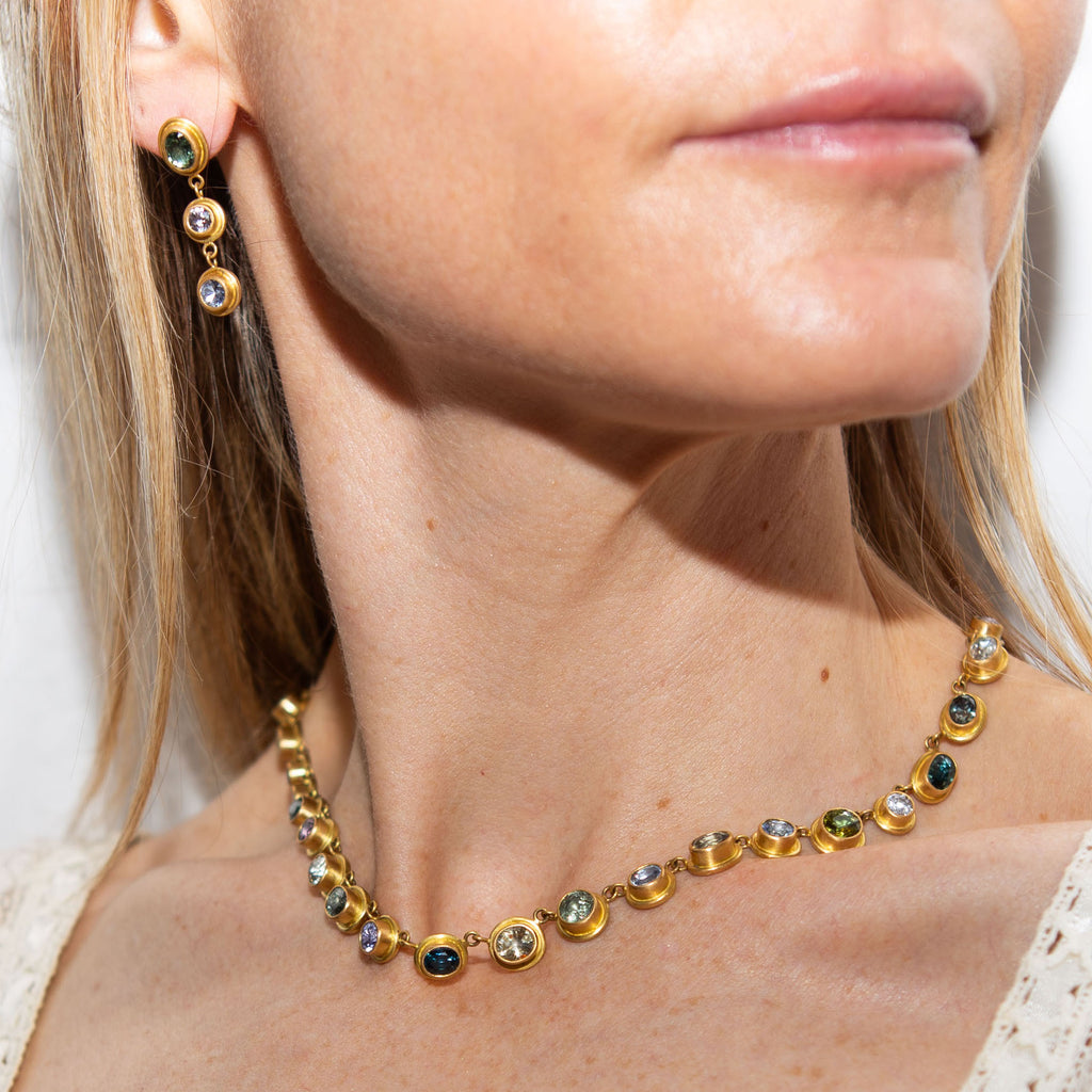 Dyan Rivière Multi Sapphire Necklace in 20K Peach Gold Reinstein Ross Goldsmiths