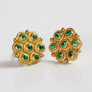 Ashley "Flower Braid" Earrings with Emeralds in 20K Peach Gold Reinstein Ross Goldsmiths