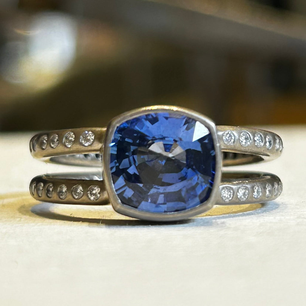 Lightdance Cushion Cut Blue Sapphire and Diamond Ring in 18K Alpine Gold Reinstein Ross Goldsmiths