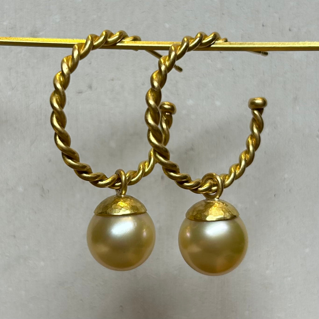 Sonoma Hammered Large South Sea Baroque Golden Pearl Drops in 20K Peach Gold Reinstein Ross Goldsmiths