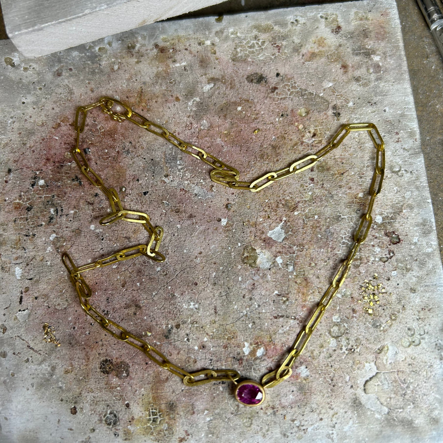 Sedona Oval Pink Sapphire Pendant on Tivoli Medium Chain Necklace in 20K Peach Gold Reinstein Ross Goldsmiths