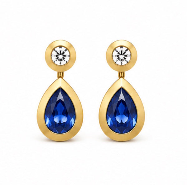 Duomo Round Diamond and Pear Shaped Blue Sapphire Drop Earring in 18K Yellow Gold